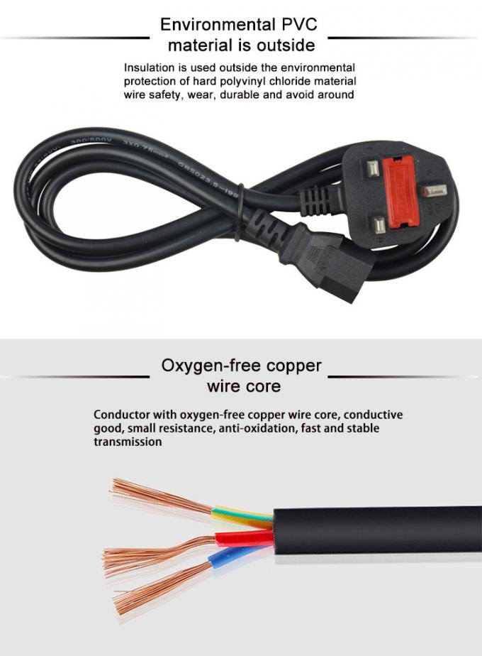 Low Voltage UK Power Cord 3 Pin Plug For PC Computer Customized Length 1